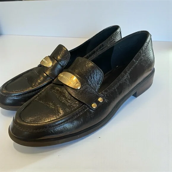 Michael Kors Black Leather Loafers Size 7M Gold Logo Slip-On Flats - Picture 3 of 8